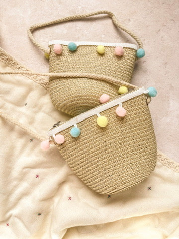 Mini Straw Pom Pom Bag