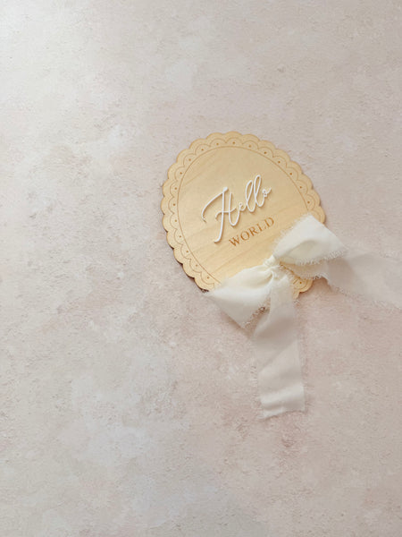 Oval Hello World. Announcement Wooden Plaque with Ribbon