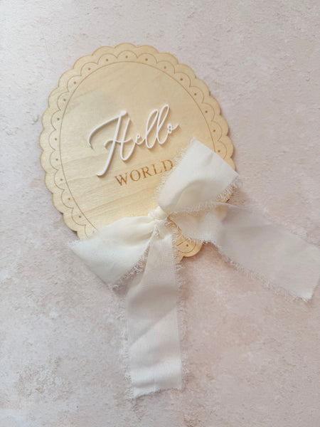 Oval Hello World. Announcement Wooden Plaque with Ribbon