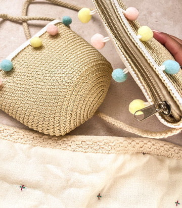 Mini Straw Pom Pom Bag