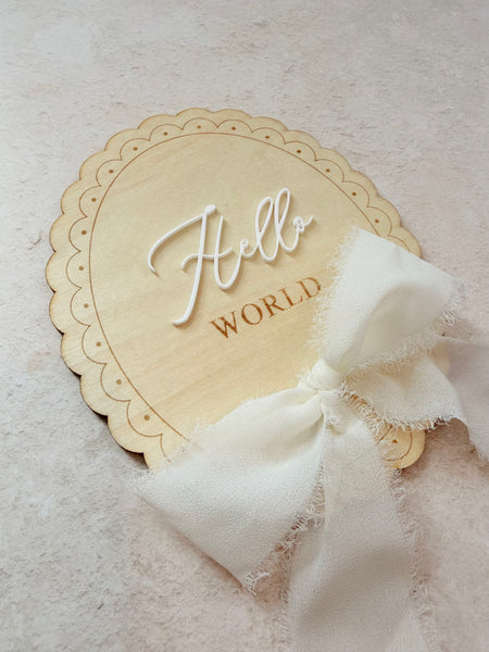 Oval Hello World. Announcement Wooden Plaque with Ribbon