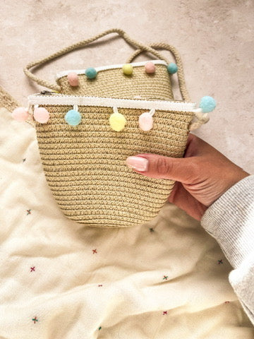 Mini Straw Pom Pom Bag