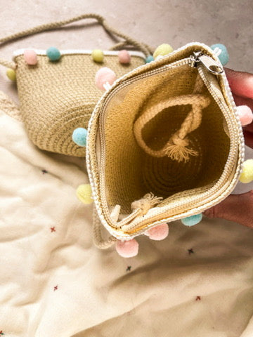 Mini Straw Pom Pom Bag