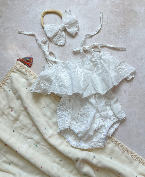 MIA. Embroidered Summer Romper & Bow- White