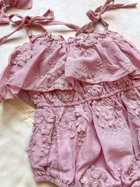 MIA. Embroidered Summer Romper & Bow- Pink